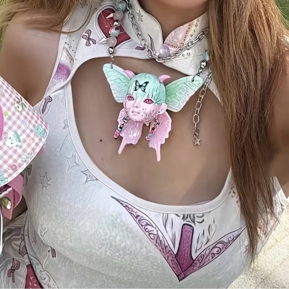 {NEW} Kawaii Anime Mint and Pink Butterfly Pendant Necklace Y2K